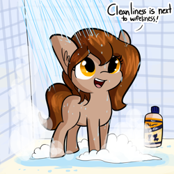 Size: 1650x1650 | Tagged: safe, artist:tjpones, oc, oc only, oc:brownie bun, species:earth pony, species:pony, horse wife, brownie bun without her pearls, clean, cleanliness is next to godliness, cute, dialogue, ear fluff, female, loose hair, mane 'n tail, mare, product placement, shampoo, shower, soap, soap suds, solo, tjpones is trying to murder us, water, wet mane