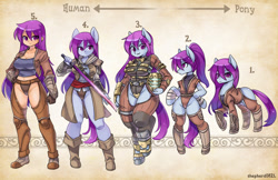 Size: 1600x1035 | Tagged: safe, artist:shepherd0821, oc, oc only, species:anthro, species:earth pony, species:human, species:pony, species:unguligrade anthro, anthro chart, anthro oc, breasts, clothing, crossover, dead space, female, humanized, humanized oc, looking at you, mare, raised hoof, semi-anthro, suit, sword, weapon