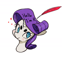 Size: 1534x1441 | Tagged: safe, artist:pinkieeighttwo, character:rarity, species:pony, beanbrows, blushing, bust, eyebrows, portrait, quill, simple background, solo, white background