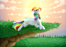 Size: 1500x1085 | Tagged: safe, artist:twinkepaint, character:rainbow dash, species:pegasus, species:pony, cheek fluff, chest fluff, cliff, cloud, female, grass, heart eyes, looking at you, mare, prone, smiling, solo, sunset, tree, wingding eyes