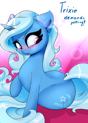 Size: 1500x2100 | Tagged: safe, artist:madacon, character:trixie, species:pony, species:unicorn, backbend, blushing, cute, dialogue, diatrixes, dock, female, looking back, mare, raised hoof, solo, the great and powerful ass