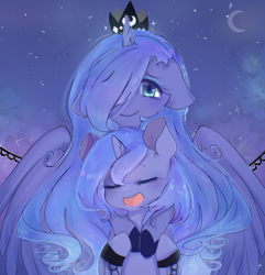 Size: 752x781 | Tagged: safe, artist:windymils, character:princess luna, species:alicorn, species:pony, crescent moon, cute, eyes closed, female, filly, filly luna, floppy ears, lunabetes, moon, night, self ponidox, shackles, stars, woona, younger