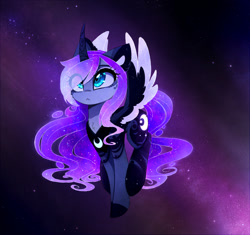 Size: 1972x1853 | Tagged: safe, artist:magnaluna, character:princess luna, species:alicorn, species:pony, :<, alternate universe, cheek fluff, chest fluff, coat markings, colored ears, colored wings, curved horn, cute, ear fluff, ethereal mane, featured on derpibooru, female, flying, galaxy, galaxy mane, leg fluff, lunabetes, mare, multicolored wings, solo, starry backdrop, stars, sweet dreams fuel, swirly markings, wing fluff, wings