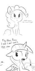 Size: 1650x3300 | Tagged: safe, artist:tjpones, character:pinkie pie, character:twilight sparkle, character:twilight sparkle (alicorn), species:alicorn, species:earth pony, species:pony, bait and switch, chest fluff, comic, dialogue, duo, ear fluff, female, floppy ears, grayscale, mare, misunderstanding, monochrome, mood whiplash, quill, simple background, sitting, white background