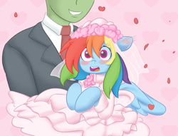 Size: 2362x1802 | Tagged: safe, artist:adequality, artist:ende26, character:rainbow dash, oc, oc:anon, species:pony, blushing, clothing, dress, holding a pony, marriage, rainbow dash always dresses in style, rose petals, wedding, wedding dress