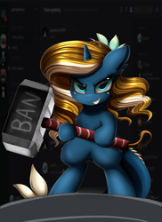 Size: 1024x1409 | Tagged: safe, artist:pridark, oc, oc only, oc:tidal charm, species:pony, aquapony, banhammer, commission, female, hammer, looking at you, mare, smiling, solo
