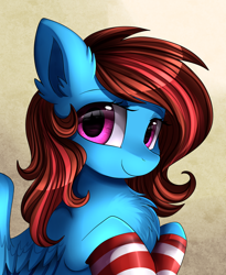 Size: 1024x1249 | Tagged: safe, artist:pridark, oc, oc only, oc:lucid heart, species:pegasus, species:pony, bust, chest fluff, clothing, commission, female, mare, portrait, smiling, socks, solo, striped socks
