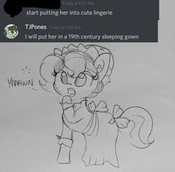 Size: 1457x1440 | Tagged: safe, artist:tjpones, oc, oc only, oc:brownie bun, species:earth pony, species:pony, horse wife, bow, clothing, discord (software), female, lineart, mare, nightgown, raised hoof, solo, traditional art, yawn