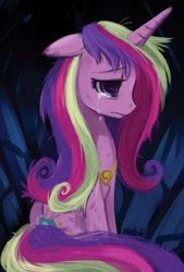 Size: 574x850 | Tagged: safe, artist:ende26, character:princess cadance, species:alicorn, species:pony, cave, crying, female, floppy ears, mare, messy mane, princess, princess sadance, sad, sitting, solo