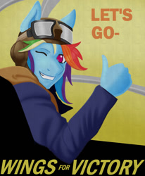 Size: 1024x1244 | Tagged: safe, artist:nwinter3, character:rainbow dash, species:anthro, bomber jacket, grin, looking back, multicolored hair, one eye closed, pilot, smiling, thumbs up, wink