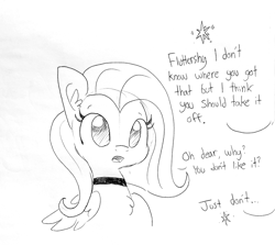 Size: 1614x1440 | Tagged: source needed, safe, artist:tjpones, character:fluttershy, species:pegasus, species:pony, chest fluff, choker, chokershy, dialogue, ear fluff, female, grayscale, implied twilight sparkle, mare, monochrome, oblivious, offscreen character, painfully innocent fluttershy, simple background, solo focus, until the choker breaks, white background