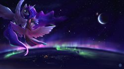 Size: 1962x1090 | Tagged: dead source, safe, artist:noctilucent-arts, character:princess luna, character:twilight sparkle, character:twilight sparkle (alicorn), species:alicorn, species:pony, aurora borealis, commission, constellation, crescent moon, ethereal mane, female, flying, horn, lights, mare, moon, planet, scenery, scenery porn, space, stars, wings