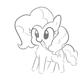 Size: 1650x1650 | Tagged: safe, artist:tjpones, character:pinkie pie, species:earth pony, species:pony, chest fluff, cute, diapinkes, female, grayscale, mare, monochrome, mouth hold, simple background, solo, white background