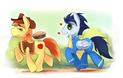 Size: 1163x739 | Tagged: safe, artist:ende26, character:braeburn, character:soarin', species:earth pony, species:pegasus, species:pony, ship:soarburn, clothing, eyes on the prize, gay, heart, male, pie, shipping, stallion, tongue out, trotting, uniform, wonderbolts uniform