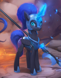Size: 946x1200 | Tagged: safe, artist:rodrigues404, character:nightmare moon, character:princess luna, species:alicorn, species:pony, armor, female, glowing horn, halberd, helmet, looking at you, magic, mare, solo, telekinesis, weapon