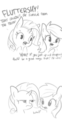 Size: 1650x3300 | Tagged: safe, artist:tjpones, character:rainbow dash, character:rarity, species:pegasus, species:pony, species:unicorn, bust, comic, dialogue, duo, duo female, female, grayscale, implied fluttershy, insensitivity, mare, missing the point, misspelling, monochrome, rarity is not amused, simple background, unamused, white background
