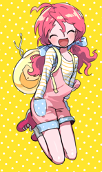 Size: 800x1350 | Tagged: safe, artist:quizia, character:pinkie pie, species:human, :d, alternate hairstyle, backpack, bow, clothing, cute, diapinkes, eyes closed, female, hair bow, hair ribbon, hand in pocket, hands in pockets, happy, humanized, kneeling, overalls, pigtails, shoes, solo, twintails