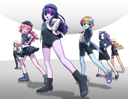 Size: 1280x992 | Tagged: safe, artist:quizia, character:applejack, character:fluttershy, character:pinkie pie, character:rainbow dash, character:rarity, character:twilight sparkle, my little pony:equestria girls, boots, clothing, converse, dancing, hat, idol, jacket, jewelry, looking at you, mane six, necklace, necktie, shoes, side slit, skirt, socks