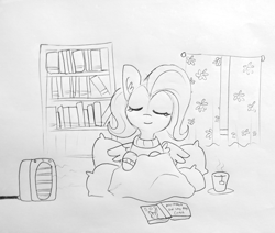 Size: 1697x1440 | Tagged: safe, artist:tjpones, character:fluttershy, species:pony, bookshelf, clothing, cup, eyes closed, female, food, lineart, mare, misspelling, monochrome, sketch, smiling, solo, sweater, sweatershy, tea, teabag, teacup, traditional art