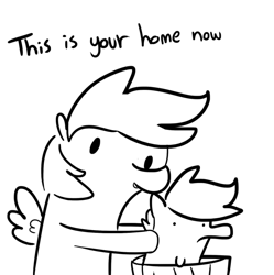 Size: 862x867 | Tagged: safe, artist:tjpones, character:rainbow dash, character:scootaloo, species:pegasus, species:pony, abuse, black and white, dialogue, duo, female, filly, frown, grayscale, holding a pony, hoof hold, into the trash it goes, mare, monochrome, open mouth, scootabuse, simple background, smiling, trash can, white background
