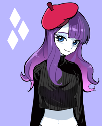 Size: 650x800 | Tagged: safe, artist:quizia, character:rarity, my little pony:equestria girls, beatnik rarity, belly button, beret, clothing, cutie mark background, female, hat, looking at you, midriff, simple background, smiling, solo, sweater