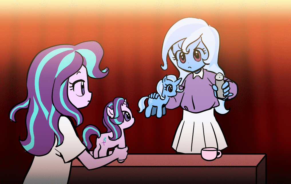 Size: 1017x643 | Tagged: dead source, safe, artist:quizia, character:starlight glimmer, character:trixie, species:pony, species:unicorn, my little pony:equestria girls, animated, clothing, collar, cup, cute, dawwww, diatrixes, duo, eyes closed, female, food, frame by frame, gif, glimmerbetes, long sleeves, loop, moe, open mouth, pleated skirt, quizia is trying to murder us, salt shaker, skirt, smiling, teacup, that pony sure does love teacups, toy, younger