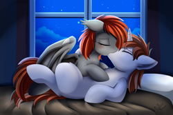 Size: 4117x2757 | Tagged: safe, artist:pridark, oc, oc only, oc:diamond sword, oc:grem, species:bat pony, species:pony, species:unicorn, absurd resolution, bat pony oc, bat wings, bed, blank flank, blushing, chest fluff, commission, couple, duo, ear fluff, eyes closed, featured on derpibooru, female, floppy ears, gremond, horn, kissing, love, making out, male, mare, mare on top, night, oc x oc, on back, pillow, ranchtown, shipping, stallion, stars, straight, window, wings