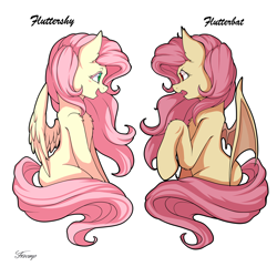 Size: 4000x4000 | Tagged: safe, artist:foxcarp, character:flutterbat, character:fluttershy, species:bat pony, species:pegasus, species:pony, duality, fangs, female, looking at each other, mare, open mouth, race swap, simple background, smiling