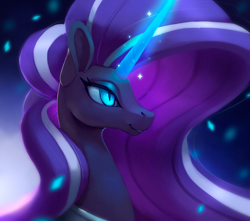 Size: 900x797 | Tagged: safe, artist:rodrigues404, character:nightmare rarity, character:rarity, species:pony, species:unicorn, female, glowing horn, mare, slit eyes, smiling, solo