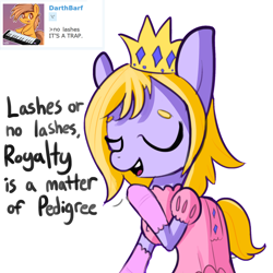 Size: 1650x1650 | Tagged: safe, artist:tjpones, oc, oc only, oc:princess pedigree, species:earth pony, species:pony, derpibooru, clothing, comments, crown, dialogue, dress, eyes closed, female, gloves, jewelry, mare, meta, princess, raised hoof, regalia, simple background, solo, white background