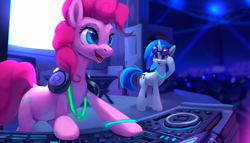 Size: 1200x684 | Tagged: safe, artist:rodrigues404, character:dj pon-3, character:pinkie pie, character:vinyl scratch, species:earth pony, species:pony, species:unicorn, audience, concert, female, headphones, mare, open mouth, smiling, speakers, sunglasses, surprised, turntable