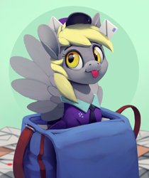 Size: 838x1000 | Tagged: safe, artist:rodrigues404, character:derpy hooves, species:pegasus, species:pony, adorable face, blep, clothing, cute, derpabetes, female, hat, mail, mailbag, mailmare, mare, silly, solo, tongue out