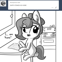 Size: 1650x1650 | Tagged: safe, artist:tjpones, oc, oc only, oc:brownie bun, species:earth pony, species:pony, horse wife, ask, blackmail, chest fluff, dialogue, ear fluff, female, grayscale, hoof hold, letter, mare, monochrome, oven, pencil, ransom note, simple background, sitting, solo, this will end in jail time, tumblr, when you see it, white background