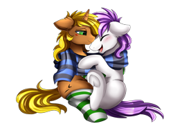 Size: 2494x1816 | Tagged: safe, artist:pridark, oc, oc only, oc:rock, oc:sophi, species:pony, species:unicorn, blushing, chest fluff, clothing, commission, cuddling, cute, ear fluff, eyes closed, floppy ears, frog (hoof), gay, male, oc x oc, open mouth, scarf, shared clothing, shared scarf, shipping, simple background, smiling, socks, striped socks, transparent background, underhoof