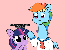 Size: 1772x1370 | Tagged: safe, artist:pabbley, artist:tjpones, character:rainbow dash, character:twilight sparkle, character:twilight sparkle (alicorn), species:alicorn, species:pegasus, species:pony, bust, c:, cute, dialogue, duo, ear fluff, female, mare, pink background, pop team epic, simple background, smiling, spread wings, text, wat, wings