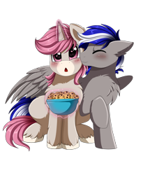 Size: 2300x2800 | Tagged: safe, artist:pridark, oc, oc only, oc:bassy, oc:intrepid charm, species:pegasus, species:pony, species:unicorn, blushing, bowl, chest fluff, commission, cookie, cute, ear fluff, eyes closed, food, gay, glowing horn, heart eyes, magic, male, nuzzling, oc x oc, open mouth, shipping, simple background, stallion, transparent background, unshorn fetlocks, wingding eyes