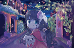 Size: 1156x752 | Tagged: safe, artist:windymils, oc, oc only, species:dog, species:pony, :3, ao dai, aodai (clothing), clothing, female, flag, flower, flower in hair, lantern, looking at you, lunar new year, mare, night, puppy, robe, smiling, solo, town, vietnam, vietnamese, vietnamese new year, village