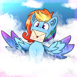 Size: 1600x1600 | Tagged: safe, artist:madacon, character:rainbow dash, species:pegasus, species:pony, cloud, cute, dashabetes, ear fluff, female, letter, mare, mouth hold, on a cloud, sitting, sitting on a cloud, sky, solo, spread wings, wings