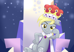 Size: 2000x1400 | Tagged: safe, artist:tina-de-love, character:derpy hooves, species:pegasus, species:pony, episode:a royal problem, g4, my little pony: friendship is magic, crown, female, friendship throne, looking at you, mare, princess derpy, queen derpy, regalia, sitting, smiling, smirk, smug, solo, throne, throne slouch