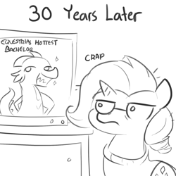 Size: 1650x1650 | Tagged: safe, artist:tjpones, character:rarity, character:spike, species:pony, species:unicorn, clothing, female, glasses, grayscale, hilarious in hindsight, karma, mare, mistakes were made, monochrome, older, older rarity, older spike, regret, simple background, sketch, television, white background