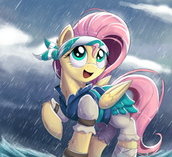 Size: 1925x1760 | Tagged: safe, artist:bugplayer, character:fluttershy, species:pegasus, species:pony, my little pony: the movie (2017), bandage, braid, chest fluff, clothing, cute, ear fluff, female, headband, leg fluff, mare, open mouth, pirate, pirate fluttershy, rain, raised hoof, shyabetes, signature, solo