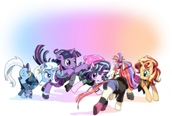 Size: 1280x866 | Tagged: safe, artist:quizia, character:moondancer, character:starlight glimmer, character:sunset shimmer, character:trixie, character:twilight sparkle, species:pony, species:unicorn, equestria girls:mirror magic, g4, my little pony:equestria girls, beanie, boots, clothing, counterparts, cute, dancerbetes, diatrixes, dress, equestria girls outfit, glasses, glimmerbetes, hat, horn, jacket, leather jacket, magical quintet, shimmerbetes, shoes, shorts, skirt, skirt lift, socks, sweater, torn clothes, twiabetes, twilight's counterparts