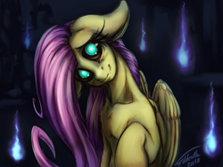 Size: 1593x1200 | Tagged: safe, artist:foldeath, character:fluttershy, species:pony, adoracreepy, black sclera, creepy, cute, female, looking at you, mare, solo, spooky
