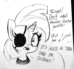 Size: 1320x1220 | Tagged: safe, artist:tjpones, character:twilight sparkle, species:pony, species:unicorn, black and white, bust, dialogue, ear fluff, eyepatch, female, future twilight, grayscale, implied twilight sparkle, ink drawing, mare, monochrome, monster hunter, monster hunter world, offscreen character, open mouth, solo, time travel, traditional art