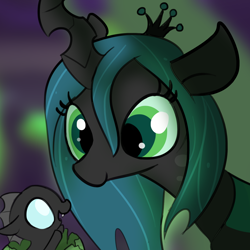 Size: 1650x1650 | Tagged: safe, artist:tjpones, character:queen chrysalis, species:changeling, baby, blurred background, changeling egg, changeling hive, changeling larva, changeling queen, cute, cutealis, cuteling, duo, egg, fangs, female, green eyes, grub, hatchling, horn, male, milf, mommy chrissy, mother, mother and son, open mouth, smiling