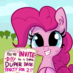 Size: 1650x1650 | Tagged: safe, artist:tjpones, character:pinkie pie, species:earth pony, species:pony, blushing, bronybait, bust, crossed out, cute, dawwww, diapinkes, ear fluff, featured on derpibooru, female, grin, hooves together, invitation, letter, looking at you, mare, nervous, nervous grin, offscreen character, sign, smiling, solo, squee, subtle as a train wreck, sweet dreams fuel, text, tjpones is trying to murder us, wow