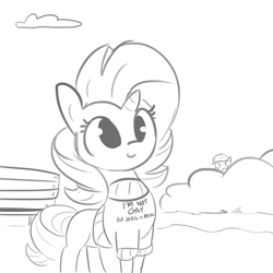 Size: 1650x1650 | Tagged: safe, artist:tjpones, character:rainbow dash, character:rarity, species:pegasus, species:pony, species:unicorn, clothing, duo, female, grayscale, hiding, implied prostitution, mare, monochrome, not gay, simple background, sweater, white background