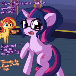 Size: 3000x3000 | Tagged: safe, artist:tjpones, character:sunset shimmer, character:twilight sparkle, character:twilight sparkle (scitwi), species:pony, species:unicorn, my little pony:equestria girls, adorable distress, adorkable, backwards cutie mark, covering, cute, dialogue, dork, ear fluff, embarrassed, embarrassed nude exposure, equestria girls ponified, female, glasses, mare, plot, ponified, ponytail, shimmerbetes, tail between legs, tail covering, twiabetes, unicorn sci-twi, we don't normally wear clothes