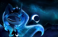 Size: 3423x2173 | Tagged: safe, artist:magnaluna, character:princess luna, species:alicorn, species:pony, g4, crown, ethereal mane, eyes closed, female, galaxy mane, glowing mane, jewelry, mare, moon, mountain, mountain range, necklace, night, night sky, peytral, regalia, sky, solo, starry night, stars, three quarter view