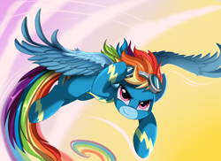 Size: 2494x1816 | Tagged: safe, artist:pridark, character:rainbow dash, species:pony, art, awesome, clothing, commission, female, flying, goggles, looking at you, mare, multicolored hair, smiling, solo, uniform, wonderbolts uniform